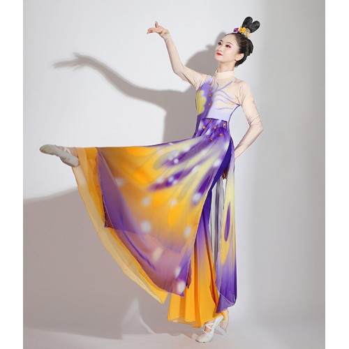 Yellow with purple chinese classical folk dance dress traditional butterfly  fairy cosplay stage performance costumes for female hanfu han tang clothes